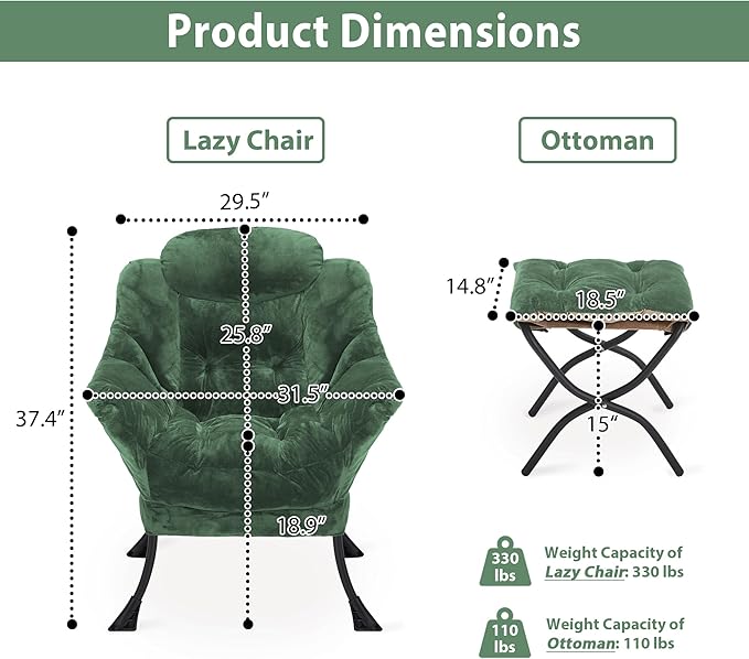 Lazy Chair with Folding Ottoman, Accent Chair Plush Upholstered with Metal Structure and Non-Slip Pads, Sofa Armchair with Footrest and Side Storage Bag for Dorm, Room, Office, Green