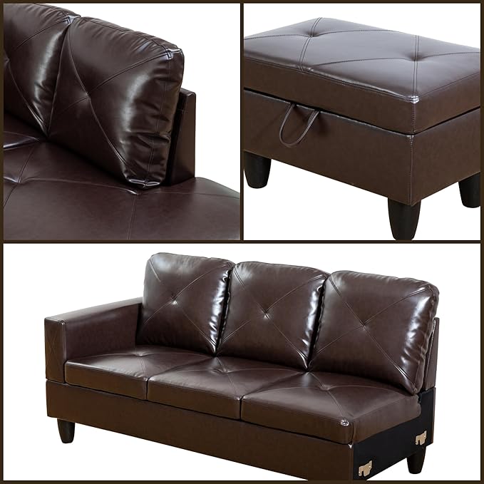L Shaped Sectional Couches, Modern Modular Sectional Sofa for Living Room Bedroom Furniture, Cozy 4 Seat Couch with Ottoman Storage & Chaise, Brown