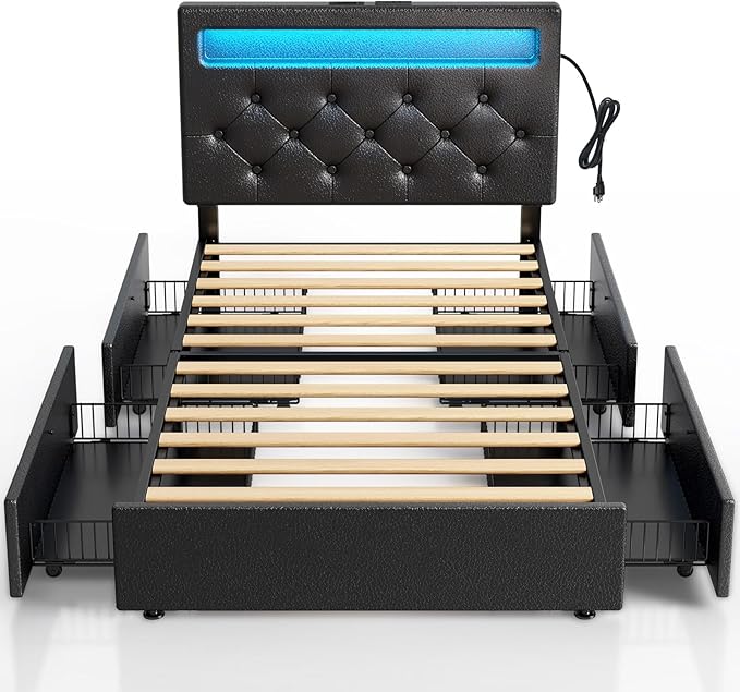 Rolanstar Twin Bed Frame with 4 Storage Drawers and Charging Station,Twin Bed with Led Lights, 2 USB & 1 Type C, Adjustable Headboard 38.9/40.8 Inches, No Box Spring Needed, Black