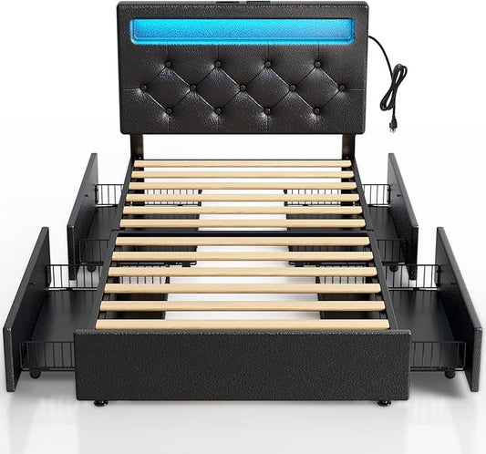 Rolanstar Twin Bed Frame with 4 Storage Drawers and Charging Station,Twin Bed with Led Lights, 2 USB & 1 Type C, Adjustable Headboard 38.9/40.8 Inches, No Box Spring Needed, Black