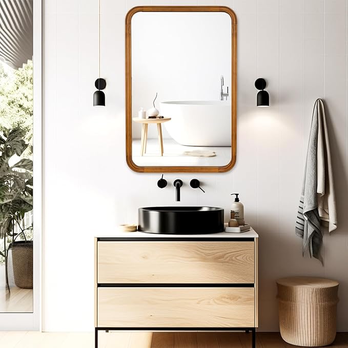 WallBeyond Wood Mirrors for Bathroom, 30x40 Inch Wooden Frame Wall Mirror Farmhouse Wall Mounted Rectangle Mirror for Vanity (Horizontal/Vertical)