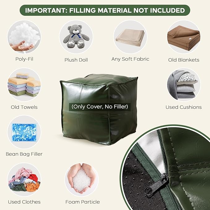Unstuffed Pouf Cover (Only Cover, No Filler), 17.7" Faux Leather Poofy Ottoman Cover, Square Footstool For Storage Living Room Decoration Foot Rest, Footrest for Bedroom Balcony Office Chair, Green