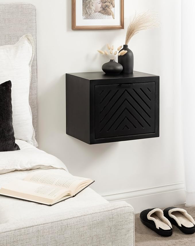 Kate and Laurel Mezzeta Modern Floating Shelf Side Table with Storage Cubby; 16 x 10 x 12; Black; Decorative Slatted Wood Floating Nightstand with Pull Down Door for Use as Bathroom Storage