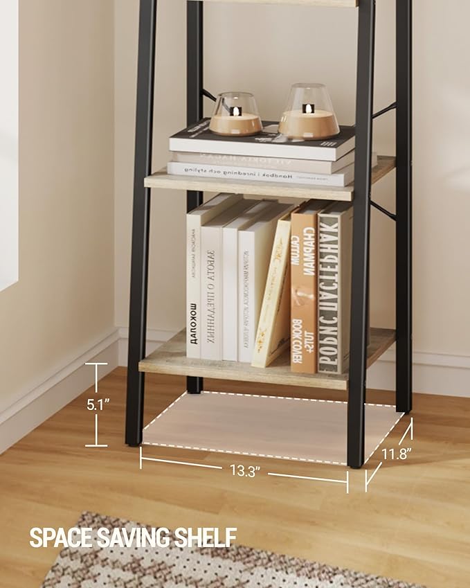 Ladder Shelf, Bookshelf Bookcase, Freestanding Corner Storage Shelve with 2 Hooks for Home Office, Living Room, Kitchen, Bedroom, Industrial, 6-Tier Greige BC13305B