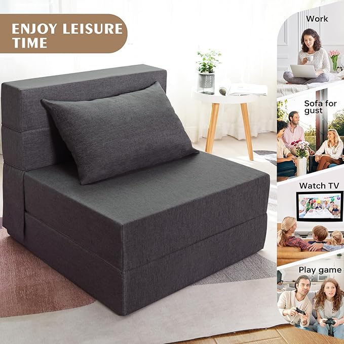 Folding Sofa Bed, Foldable Sleeper Chair with Pillow, Convertible Futon Sofa Bed with Washable Cover, Fold Out Couch for Living Room, Dorm, Guest Room, Single Size, Dark Grey
