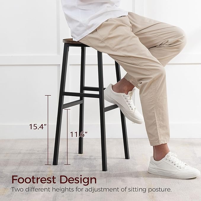Bar Stools, Set of 2 Round Bar Chairs with Footrest, 28 Inch Kitchen Breakfast Bar Chairs, Industrial Bar Stools, Easy Assembly, for Dining Room, Kitchen, Rustic Brown BAHR02701