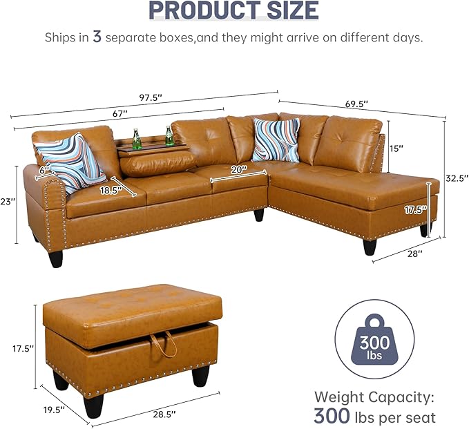 L Shaped Modular Sectional Sofa with Reversible Chaise Lounge, 5-Seater Corner Couch, PU Leather Convertible Sofá w/Movable Ottoman, Cup Holders, 2 Pillows and Rivet Ornament for Living Room