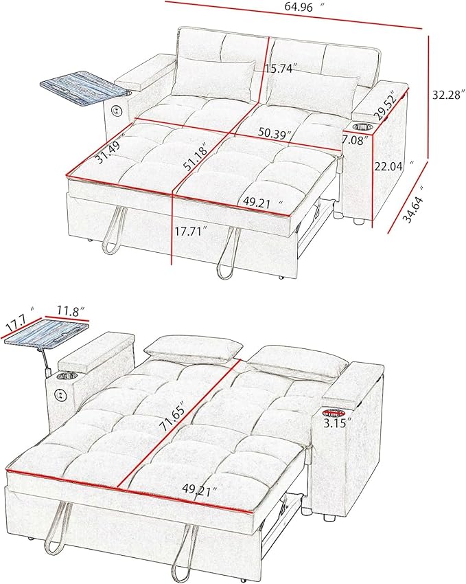 65-inch Multifunctional Loveseat Pull Out Sleeper Sofabed W/Cupholders, Oversized 3-in-1 Convertible Love Seat with Pull-Out Sleeper Couch Bed, Storage, USB Ports, Side Table for Living Room Bedroom