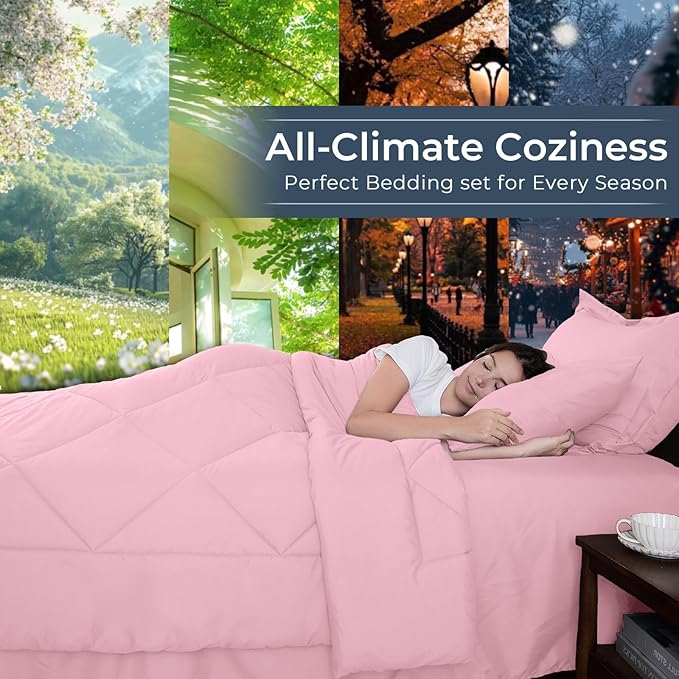 HEVUMYI Pink Twin-XL Comforter Set - 5-Piece All Season Bed in a Bag Twin-XL, Ultra Soft Bedding Set with Comforter, Flat Sheet, Fitted Sheet, Pillowcases, Pillow Shams, Pink