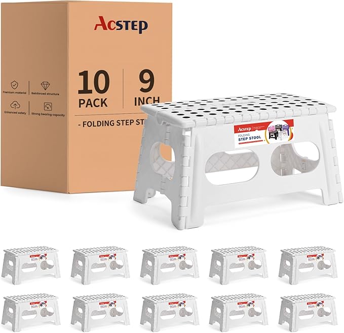 ACSTEP Folding Step Stool 9 Inch,15-Inch Extra Wide Heavy Duty Stepping Stool More Safe and Comfortable Non Slip Foldable Step Stool for Kids and Adults White, 10 Pack
