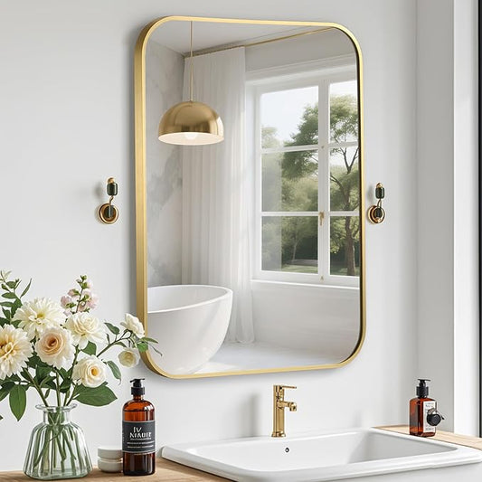 Gold Bathroom Mirror, 22x30 Inch Aluminum Frame Rectangle Mirror, Anti-Rust, Tempered Glass, Wall Mirror for Over Sink, Vanity, Bedroom, Entryway, Horizontal/Vertical