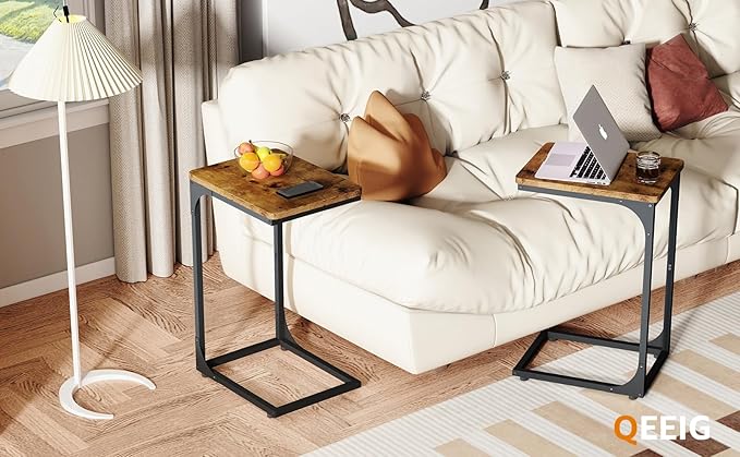 QEEIG C Table Side Table Living Room C Shaped Couch Tray End Table Farmhouse 1 Pack, Rustic Brown (017-30BN-1)