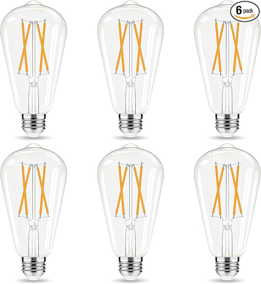 LED Edison Bulbs Dimmable, E26 Bulb 60 watt Equivalent, Soft White 2700K, ST58 Vintage Light Bulbs, 90+ CRI, 6W 600LM, E26 Base, Clear Glass, 6 Pack