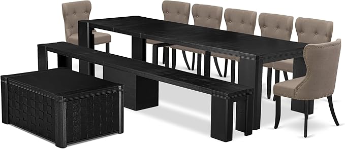 X07SI-BC6-48 - 10-Pc Dining Room Set a Rectangular Kitchen Table with a coffee Table and wooden Bench & 7 coffee Fabric Dining Chairs, 39x120 Inch, Wire Brushed Black