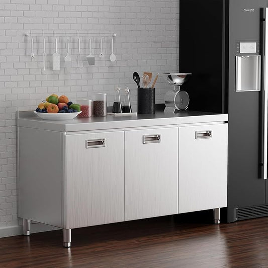 ZZV 59 inch Stainless Steel Prep Table with Storage Stainless Steel Cabinet for Prep & Work Commercial Worktable with Cabinet and 3 Doors for Kitchen, Restaurant, Hotel, Garage, Warehouse, Outdoor