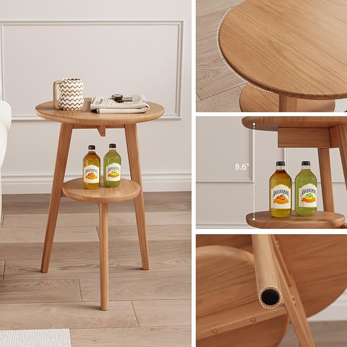 Small End Table Round End Table,Solid Wood Round Side Table with Lower Shelf，Nightstand for Small Spaces,Living Room,Bedroom(Cherry Color)