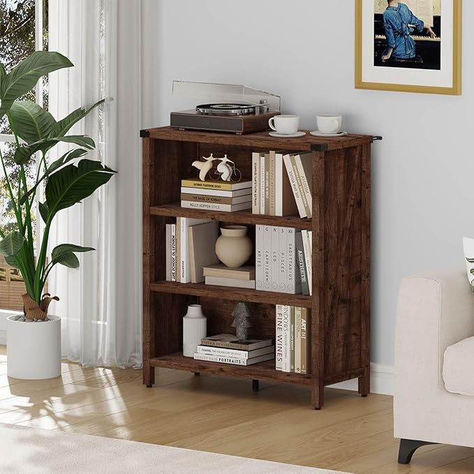 BON AUGURE Rustic Short Bookshelf, 3 Shelf Bookcase, Small Wood Low Book Cases/Shelves, Farmhouse Storage Tier Book Shelves for Home Office, Living Room, Small Space (Rustic Oak)