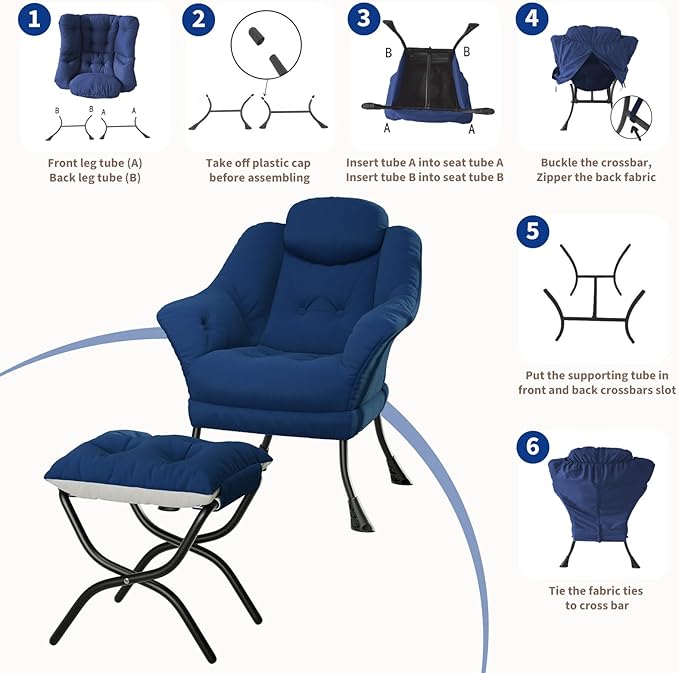Lazy Chair with Ottoman - Modern Living Room Chairs for Small Spaces, Ergonomic Reading Chair with Armrests, Comfy Chair with Ottoman for Bedroom & Living Room, Blue