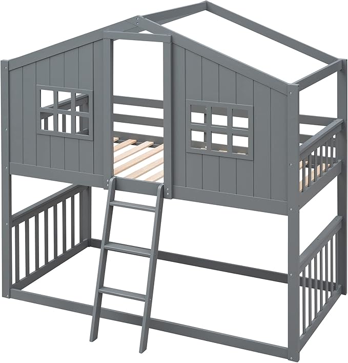Ball & Cast Twin Over Twin Size House Bunk with Ladder and Window,Wood Bunkbed w/Full-Length Guard Rail & Ladder,Slat Support,Space Saving,Bedroom Furniture for Student Dorms,Gray