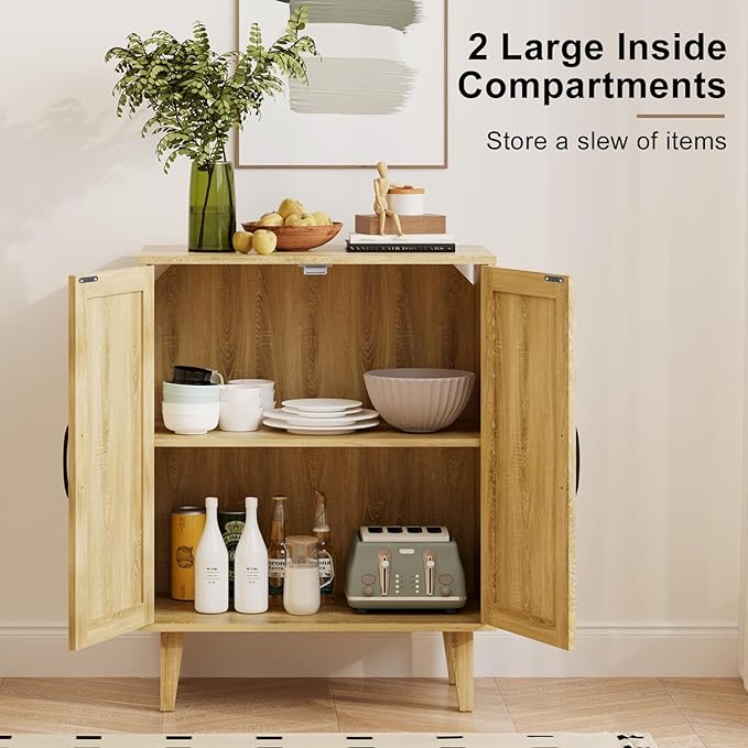 Rattan Decorated Buffet Cabinet - 2 Doors Simple Style Storage Cabinet, Shoe Cabinet with Adjustable Shelves, Sideboard for Kitchen, Living Room, Hallway, Entryway (Natural Wood)