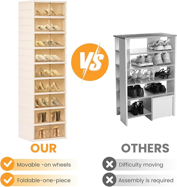 Foldable Shoe Organizer Storage Box, Portable Extra Large Folding Shoe Rack for Closet, Shoe Storage Box with Magnetic Transparent Door and Wheels, 9 Layers 18 Grids for 2 PCS