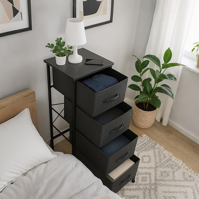 Nightstand with 4 Fabric Bins, Bedside Furniture, Night Stand, End Table Nightstand Storage Tower Unit Organizer with 4 Fabric Bins for Living Room (Black)