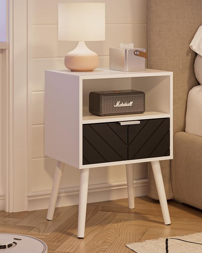 Nightstand,Bedside Table with Gold Frame, White Night Stand, Modern Bedside Furniture,End Table with Drawer and Shelf for Bedroom,Living Room