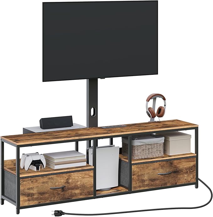 TV Stand with Mount for up to 75", Entertainment Center with Switch-Controlled Charging Station, Swivel TV Stand Mount with Fabric Drawers, for Living Room, Rustic Brown TVHR154E01N1