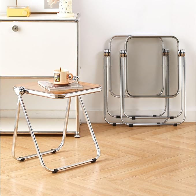 16.2" × 14.1" Acrylic Folding Table, Small Lightweight End Table for Living Room, Bedroom and Small Room, Sturdy Metal Frame with No Assembly Required, Space-Saving Storage Design (White)