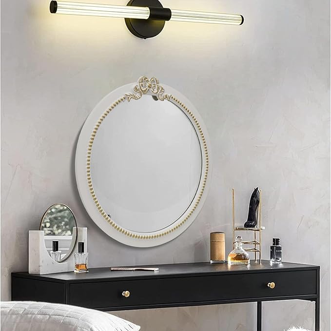 Vintage Round Wall Mirror 23.6inch Farmhouse Wooden Vanity Mirror for Wall Decor, Decorative Antique White Bathroom Mirrors, Traditional Art Home Bow Decor for Dressing Table, Living Room or Bedroom