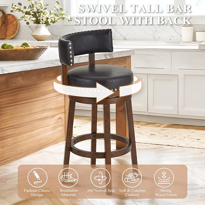 COLAMY Swivel Counter Height Bar Stools Set of 3, 30 Inch Modern Upholstered Kitchen Island Barstools with Back, Wood Swivel Bar Chairs for Counter Bar Dining Room, Dark Brown