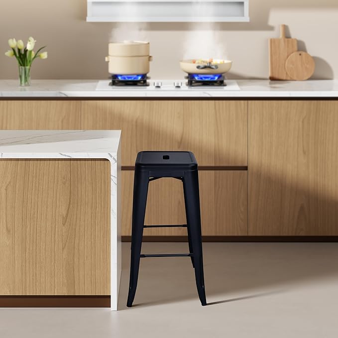 30 Inches Metal Bar Stools, High Backless Stools, Indoor Outdoor Stackable Kitchen Stools, Set of 4, Black