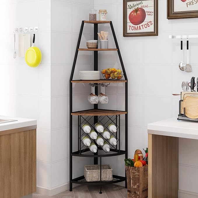 5-Tier Corner Wine Rack with LED Light Floor Standing Wine Rack with Glass Holder and Bottles Wine Storage Home Bar Furniture for Kitchen Living Dining Room (Rustic Brown)