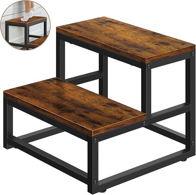 Wood and Metal 2 Step Stool for Adults & Kids – Heavy Duty Rustic Step Stools, 500 Lbs Capacity Non-Slip Stepping Stool for High Beds, Kitchen, Bathroom, Closet, Durable Foot Stool for Home Use