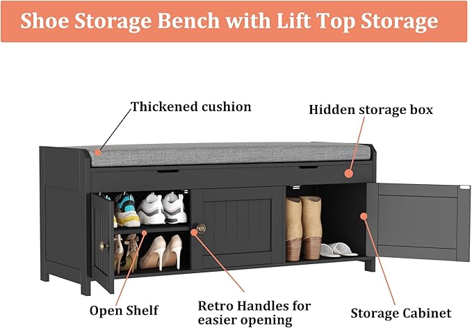 HOMEFORT 41.3" Shoe Bench with Lift Top Storage, Entryway Bench with Cushioned Seat, Wooden End of Bed Bench, Shoe Cabinet Bench with Hidden Storage Space, for Bedroom, Hallway,Black