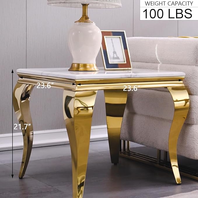 Gold End Table Set of 2, Modern White Living Room Side Table with Gold Metal Cabriole Legs, Square End Table for Sofa Couch, Living Room, Bedroom, Office