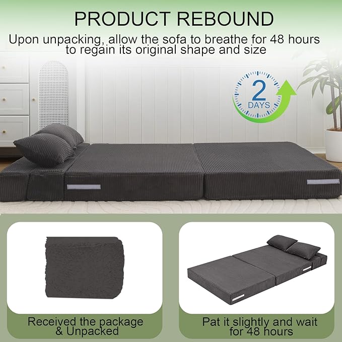 MeMoreCool Boneless Folding Sofa Bed, Corduroy Convertible Sleeper Chair, Foldable Foam Mattress Chair, Comfy Fold‑Out Futon Couch Bed, Large Floor Sofa Couch for Living‑Room Guest