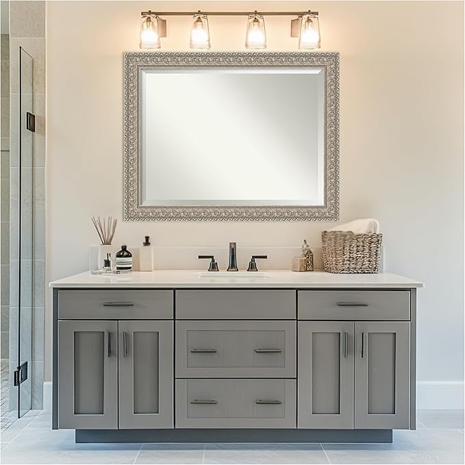 Amanti Art Silver Bathroom Mirror for Over Sink, 37x47 Sydney Silver Rectangle Vanity Mirror, X-Large Traditional Frame, Hangs Horizonally and Vertically, Bathroom Wall Decor, Beveled Edge