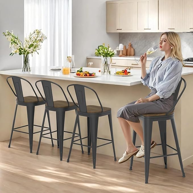 24” Swivel Bar Stools Set of 4, Counter Height Bar Stools Wooden Seat, Metal Industrial Bar Chairs with High Back for Kitchen Island (Black)