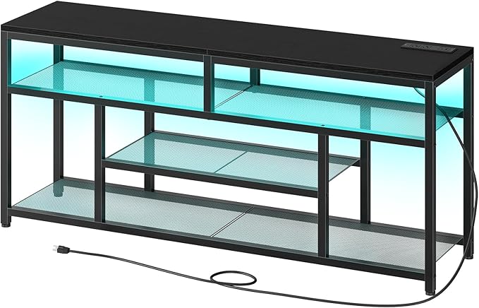 HOOBRO LED TV Stand with Charging Station, 4-Tier Entertainment Gaming Center, Modern Media Console Table, Open Shelves, 55.1"L x 13.8"W x 26.2"H, for TVs up to 65", for Living Room, Black BB47UDDS01