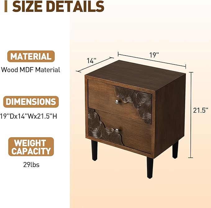 COSIEST Modern Nightstand with 2 Storage Drawers, Mid Century End Table, Accent Side Table, Vintage Wood Luxury Night Stand for Bedroom, Living Room, Walnut