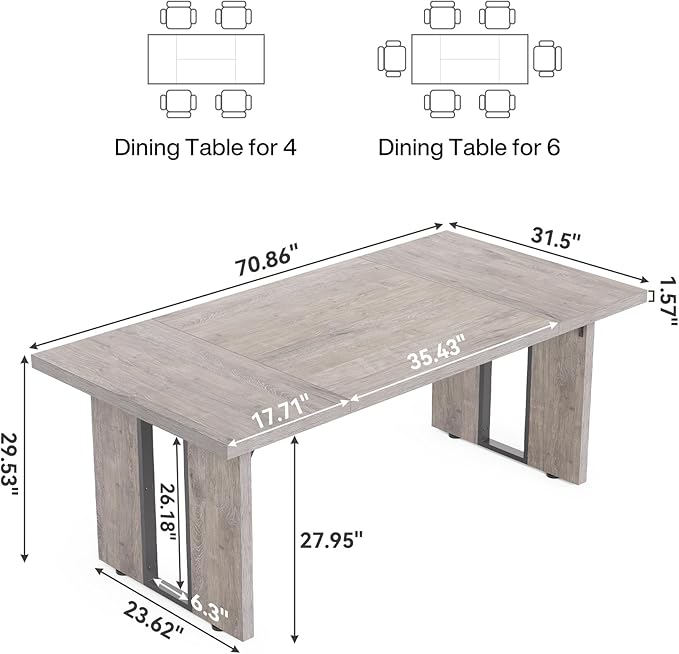 LITTLE TREE 71-Inch Dining Table, Rectangular Wooden Kitchen Table for 4-6 People, Modern Home Furniture with Heavy Duty Legs, Large Dinner Furniture Last Forever, Grey