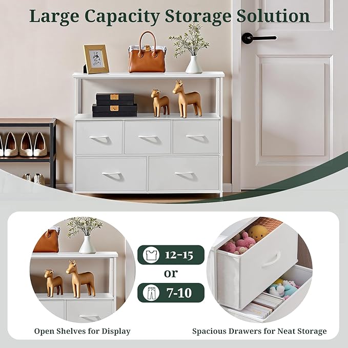 TV Stand, 5 Fabric Drawers Dresser Entertainment Center for TV up to 45 inch Wooden Media Console Table Storage Organizer with Open Shelf, for Living Room, Bedroom, or Small Space, White