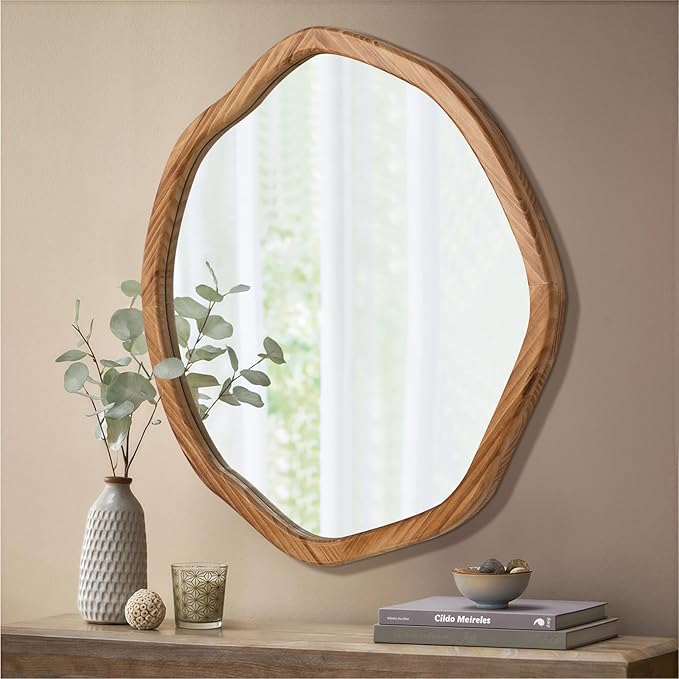ULIKE Round Wood Mirror, 30 Inch Asymmetrical Circle Vanity Mirror with Wood Frame, Rustic Decorative Wall Mount for Bathroom Bedroom Living Room Entryway