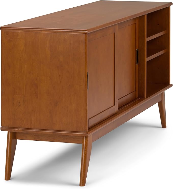 SIMPLIHOME Draper SOLID HARDWOOD 60 Inch Wide Mid Century Modern TV Media Stand in Teak Brown For TVs up to 65 Inches, For the Living Room and Entertainment Center