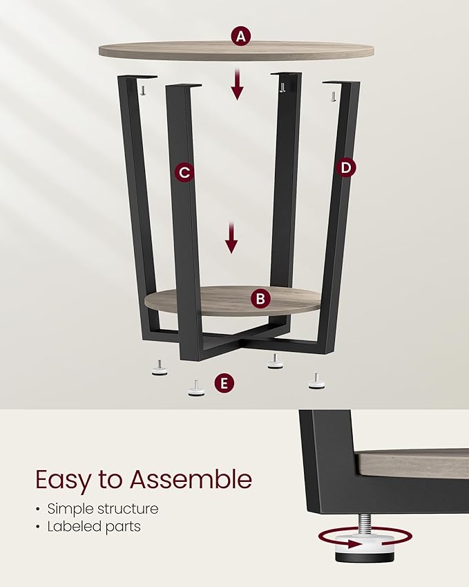 VASAGLE End Table, Round Side Table with Storage Shelf, Easy Assembly, Industrial Accent Furniture with Steel Frame, Heather Greige and Black ULET057B02
