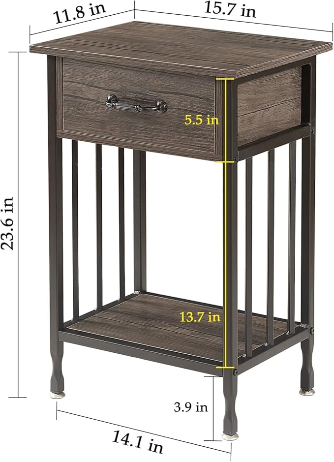 VECELO Nightstands, Industrial Side Table/End Tables with Drawer and Storage Shelf, Night Stands for Bedroom, Living Room, Wood Metal Furniture, Easy Assembly