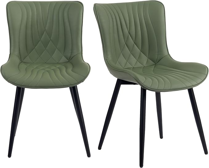 YOUTASTE Dining Chairs Set of 2 Upholstered Mid Century Modern Kitchen & Dining Room Chairs Armless Faux Leather Accent Chair with Padded Back Metal Legs for Bedroom Vanity Lounge, Olive Green