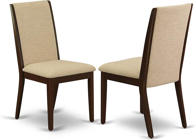 East West Furniture ESLA3-MAH-04 3 Piece Kitchen Table & Chairs Set Contains a Round Dining Room Table with Pedestal and 2 Light Tan Linen Fabric Parsons Chairs, 30x30 Inch, Mahogany