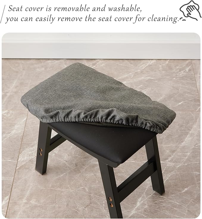 Foot Stool,Ottoman,Bamboo Small Sofa Foot Rest Under Desk,Extra Seating for Living Room, Bedroom and Kitchen (Black Stool Legs - Gray Surface)